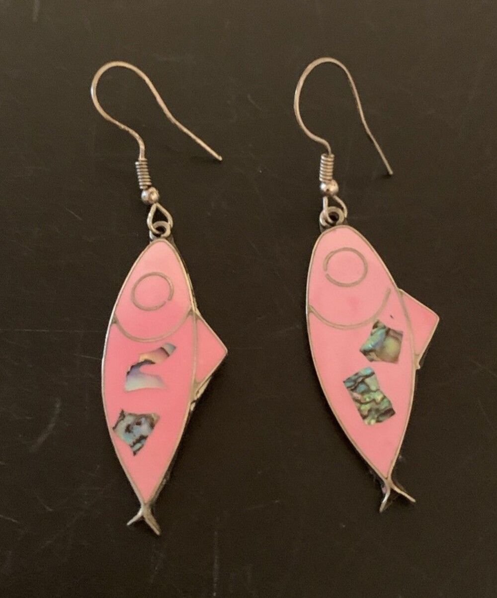 Vintage Alpaca Mexico Fish Earrings Pink Enamel Abalone Inlay Dangle Drop